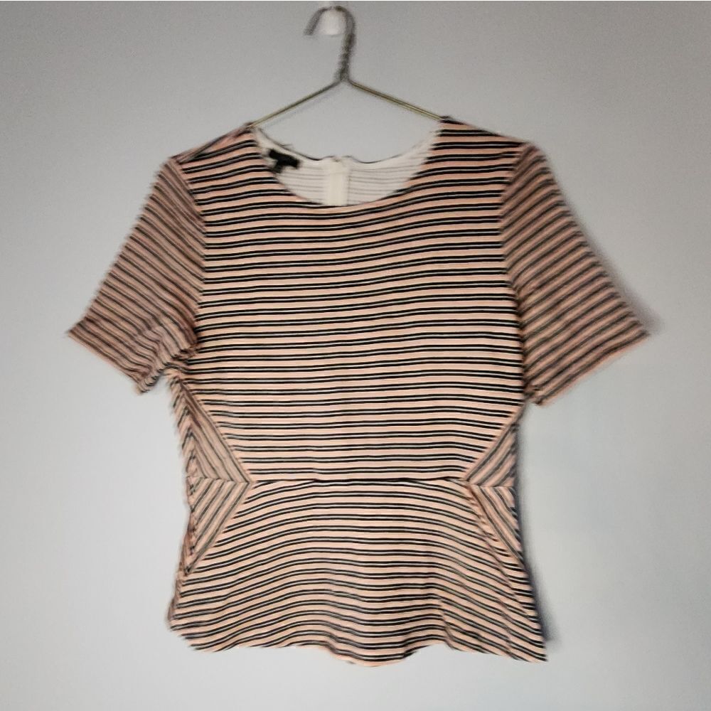 Talbots Stripe Peplum Top Short Sleeve Pink White Blue Size Medium Petite